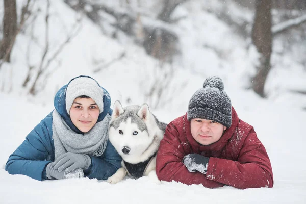 Couple couché avec husky sibérien sur la neige hiver. Saint Valentin. Chien. — Photo