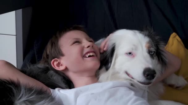 4k. Menino feliz deitado no pastor australiano merle dog — Vídeo de Stock