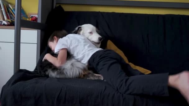 4k. Gelukkige kleine jongen spelen, liegen op Australische herder merle hond — Stockvideo