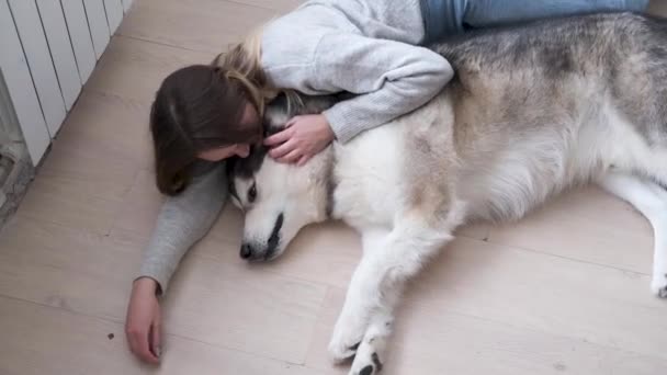 4k. Blanke vrouw omarmt Alaska Malamute hond met liefde. Binnenshuis. — Stockvideo