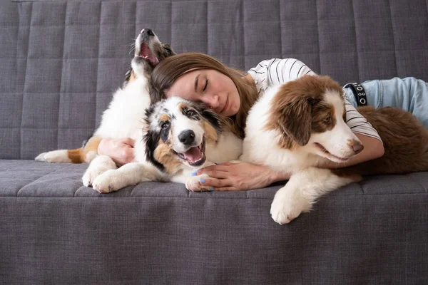 Atractiva mujer abrazando tres colores merle perro pastor australiano —  Fotos de Stock