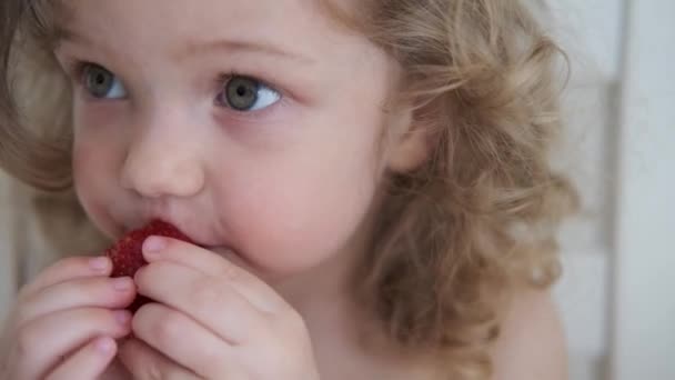 4k. Hermosa niña rizada comiendo manzana sobre fondo gris claro — Vídeo de stock