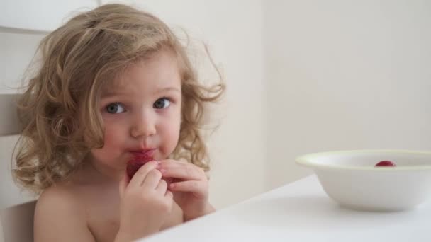 4k. Göndör, gyönyörű kislány epret eszik.. — Stock videók