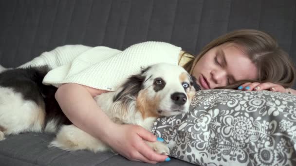Vrouw slapen met blauwe merle Australische herder hond — Stockvideo