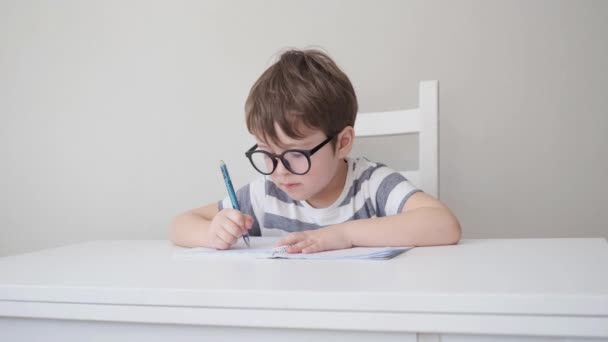 4k. little cute serious caucasian boy in glasses study, write — Stok video