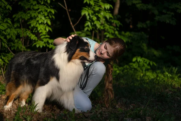 Adolescenta fata animal de companie ciobanesc australian câine în timpul verii. În pădure — Fotografie, imagine de stoc