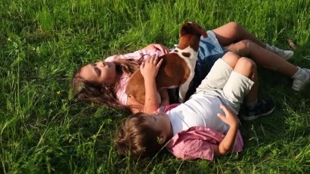 Brother and sister pet their dog outdoor — Stock Video