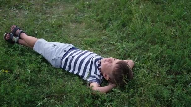 Feliz niño lindo acostado en la hierba al aire libre — Vídeos de Stock