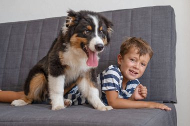 Küçük mutlu çocuk Avustralya çoban köpeğiyle kanepede uzanıyor.
