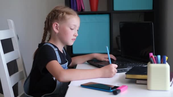 Χαριτωμένο καυκάσιος κοκκινομάλλα κορίτσι χρησιμοποιώντας φορητό υπολογιστή που σπουδάζει στο σπίτι — Αρχείο Βίντεο