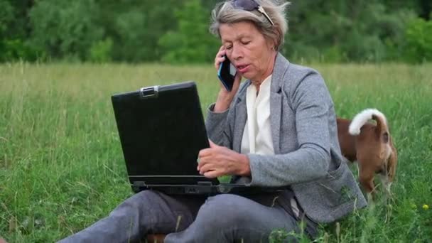 Mulher de negócios sênior trabalhar laptop, falar no telefone no parque com o cão — Vídeo de Stock