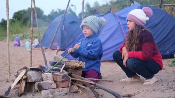 Gadis dan anak laki-laki duduk bersama di api unggun di hutan — Stok Video