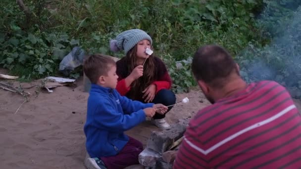 Двое детей с отцом жарят зефир у костра в лесу — стоковое видео
