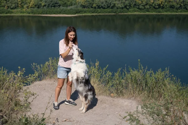 강변 옥외에서 타조 양치기 개와 함께 노는 여자. — 스톡 사진