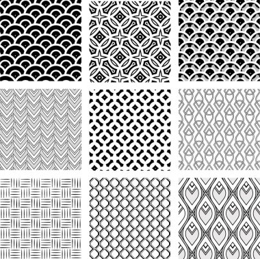 Siyah beyaz çizgiler, dekorasyon için grafikler. Soyut, pürüzsüz vektör desenleri. 9 resim kümesi. 