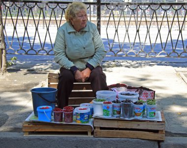 Yekaterinburg, Rusya Federasyonu - 20 Temmuz 2015: kadın farklı meyveler, Yekaterinburg, Rusya açık satmaktadır