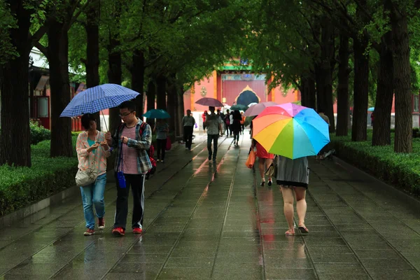 Некоторые люди гуляют в парке Пекина под дождем — стоковое фото