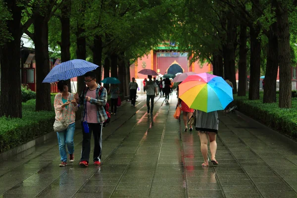 some people are walking in park of Beijing under rain