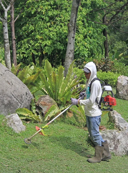 Sekačka na trávu člověk dělá svou práci v botanické zahradě v Kuala Lumpur — Stock fotografie