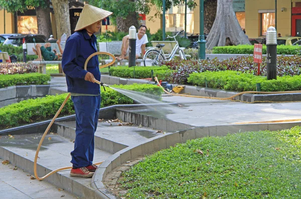 Hanoi, Vietnam - 1 de junio de 2015: el hombre está vertiendo césped en la calle en Hanoi, Vietnam — Foto de Stock