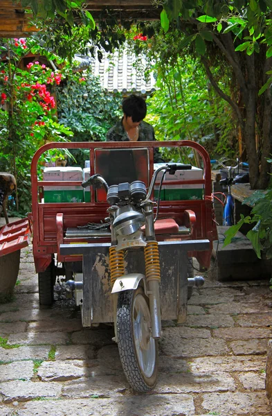 Triciclo de motor contra el fondo del jardín —  Fotos de Stock