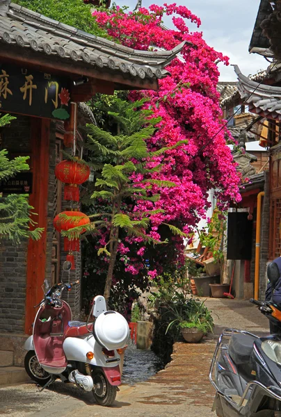 Scooter retro e floração lilás na rua em Lijiang — Fotografia de Stock