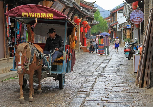 Man is driving horse-drawn vehicle  in Lijiang, China — 스톡 사진