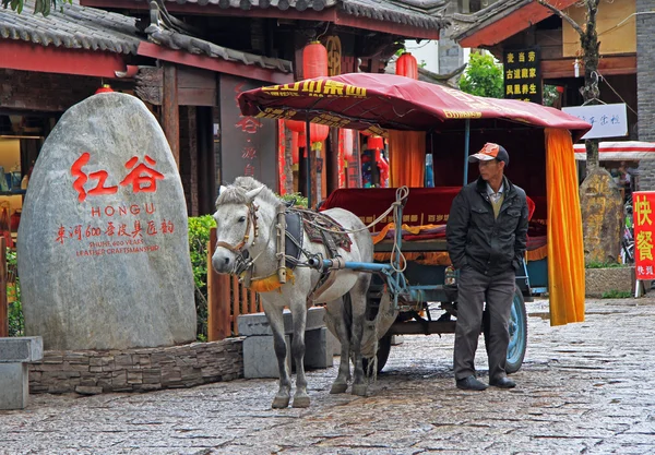 Coachman of horse-drawn vehicle is waiting customers on the street in Lijiang, China — Stock fotografie