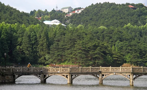 Stone bridge on lake in national park of mountain Lu — Stock Photo, Image
