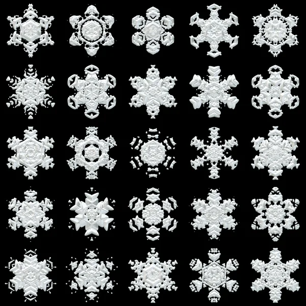 25 flocons de neige sur fond noir — Photo