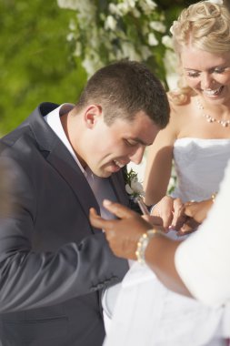 Gorgerous wedding couple putting their signatures in marriage ce clipart