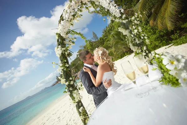 Bonito, lindo, jovem casal de casamento beijando durante o cerimonial — Fotografia de Stock