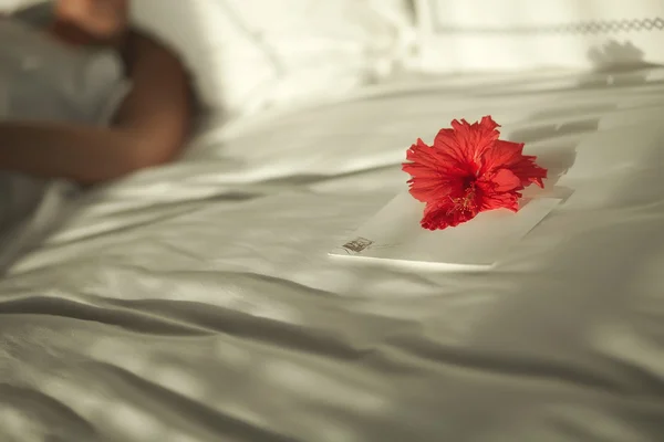 花のベッドの上の素敵なバレンタインの手紙. — ストック写真