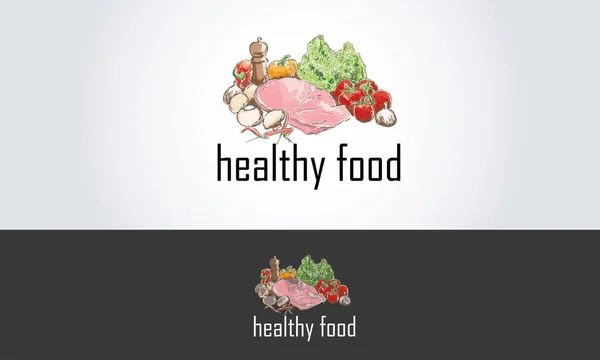 Logotipo de alimentos saludables con verduras e ingredientes dibujados a mano — Vector de stock