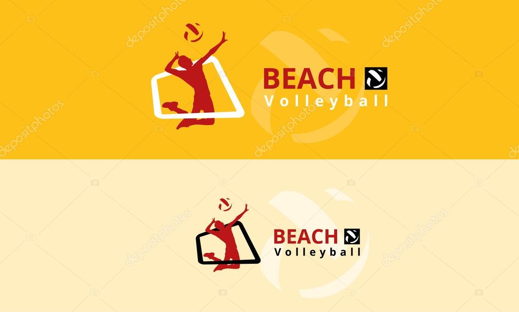 Vector logo volleyball. Bouncing a volleyball player hits a ball over a volleyball net beach
