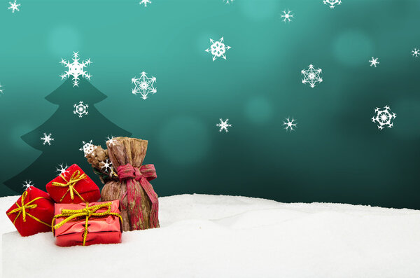 Рождественский фон - елка - подарки - бирюза - снег
