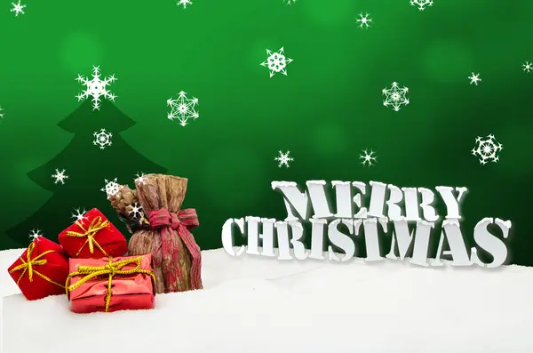 クリスマスの背景 - クリスマス ツリー - プレゼント - 緑 - 雪 — ストック写真