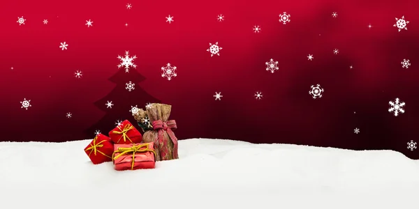 Christmas background - Christmas tree - gifts - red - Snow — Stock Photo, Image