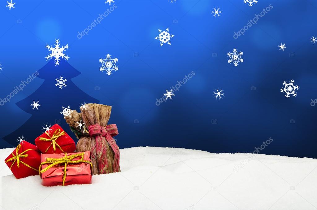 Christmas background - Christmas tree - gifts - blue - Snow