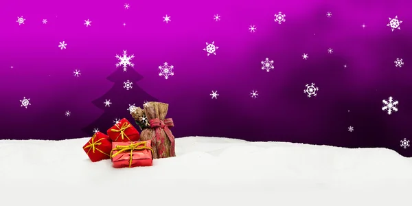 圣诞节背景-圣诞树-礼品-粉红色-雪 — 图库照片