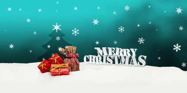 Jul bakgrund - julgran - presenter - turkos - snö — Stockfoto