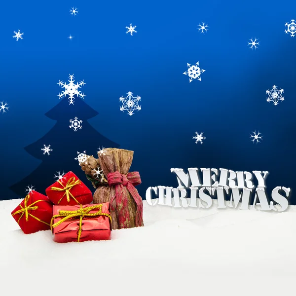 クリスマスの背景 - クリスマス ツリー - プレゼント - ブルー - 雪 — ストック写真