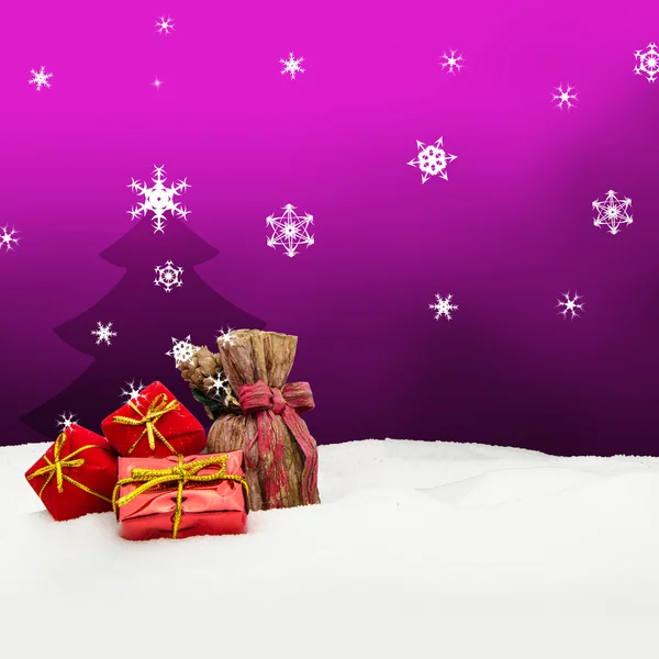 Vánoční pozadí - vánoční stromeček - dárky - růžová - sníh — Stock fotografie
