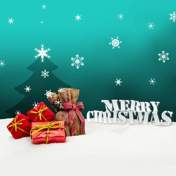 Jul bakgrund - julgran - presenter - turkos - snö — Stockfoto