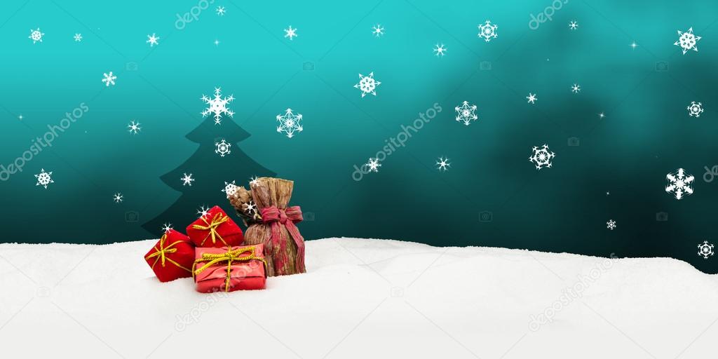Christmas background - Christmas tree - gifts - turquoise - Snow