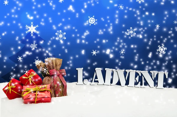 1. Advent - gifts - blue - Snow — Stock Photo, Image