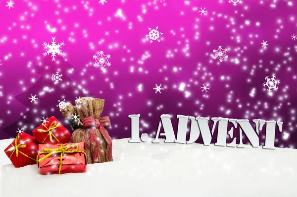 1. Advent - gifts - pink - Snow — Stock Photo, Image