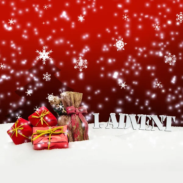 1. Advent - gifts - red - Snow — Stock Photo, Image