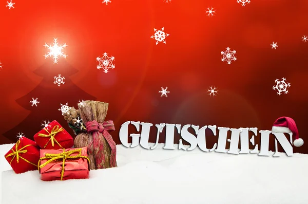 Voucher de Natal Gutschein presentes neve vermelha — Fotografia de Stock