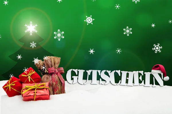 Bon de Noël cadeaux Gutschein vert neige — Photo